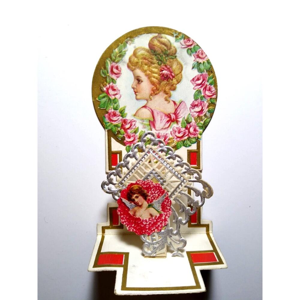 Antique Valentine Embossed Fold-Out Greeting Card Die-Cut Stand Up Cherub Women